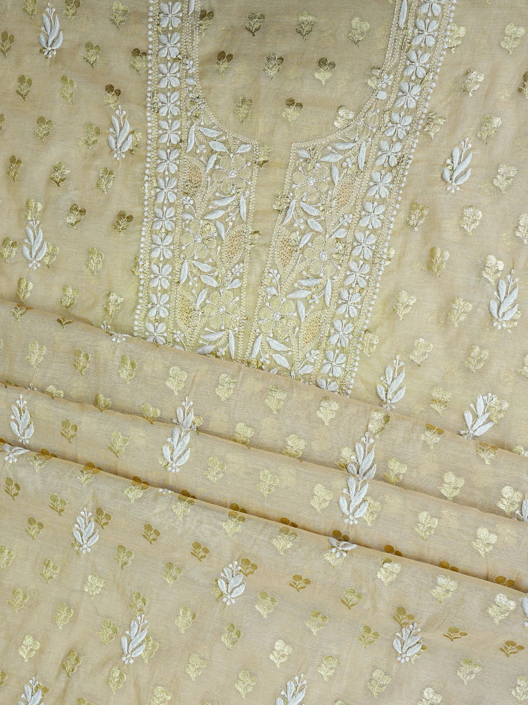 Ada Hand Embroidered Fawn Chanderi Lucknowi Chikankari Unstitched Kurta Dupatta Set 01A722397