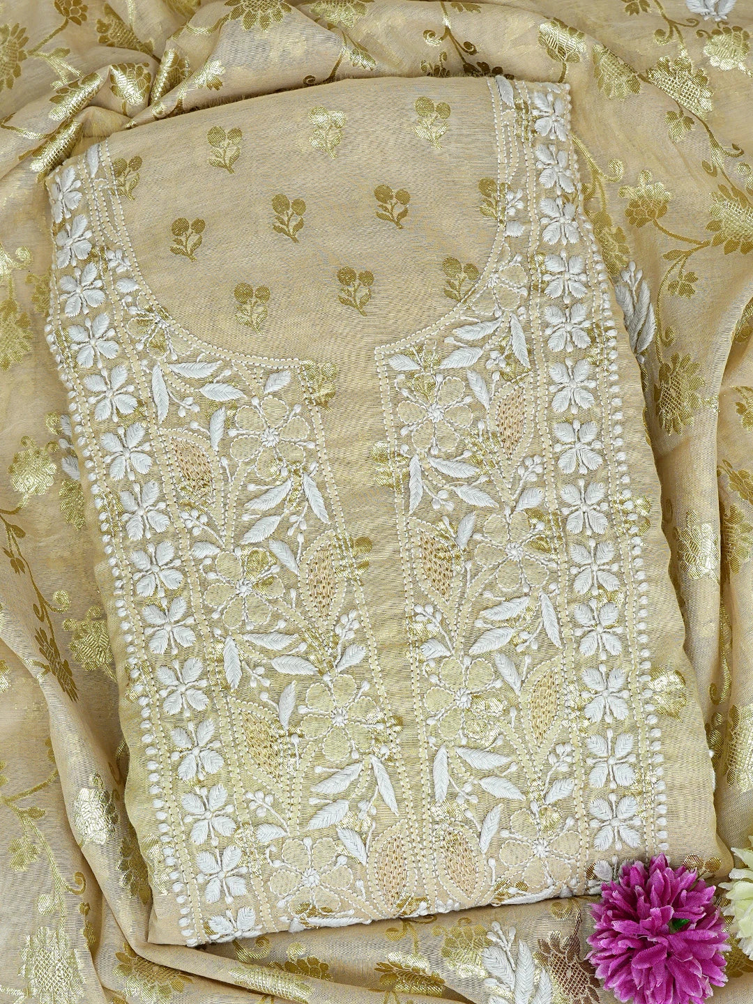 Ada Hand Embroidered Fawn Chanderi Lucknowi Chikankari Unstitched Kurta Dupatta Set 01A722397
