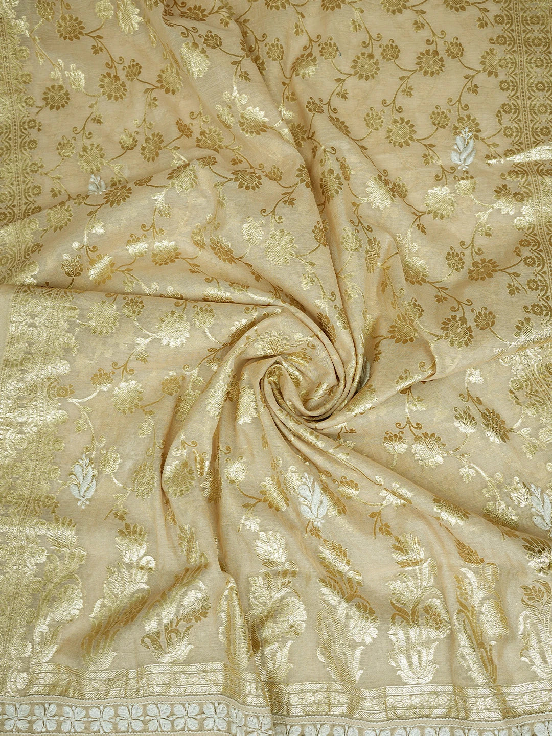 Ada Hand Embroidered Fawn Chanderi Lucknowi Chikankari Unstitched Kurta Dupatta Set 01A722397