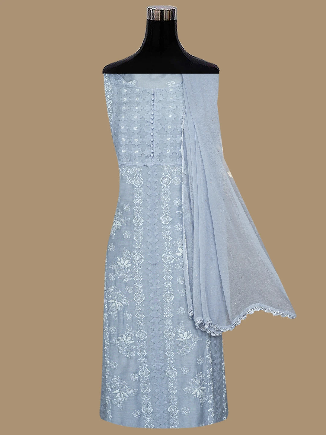 Ada Hand Embroidered Cadet Grey Muslin Lucknowi Chikankari Semi-stitched Suit Piece With Muqaish Work 01A853346