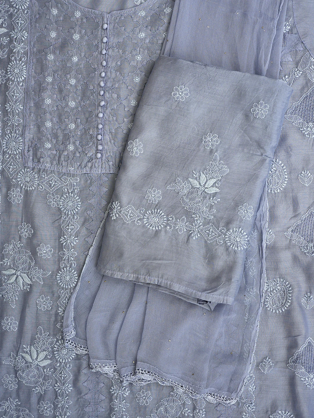 Ada Hand Embroidered Cadet Grey Muslin Lucknowi Chikankari Semi-stitched Suit Piece With Muqaish Work 01A853346