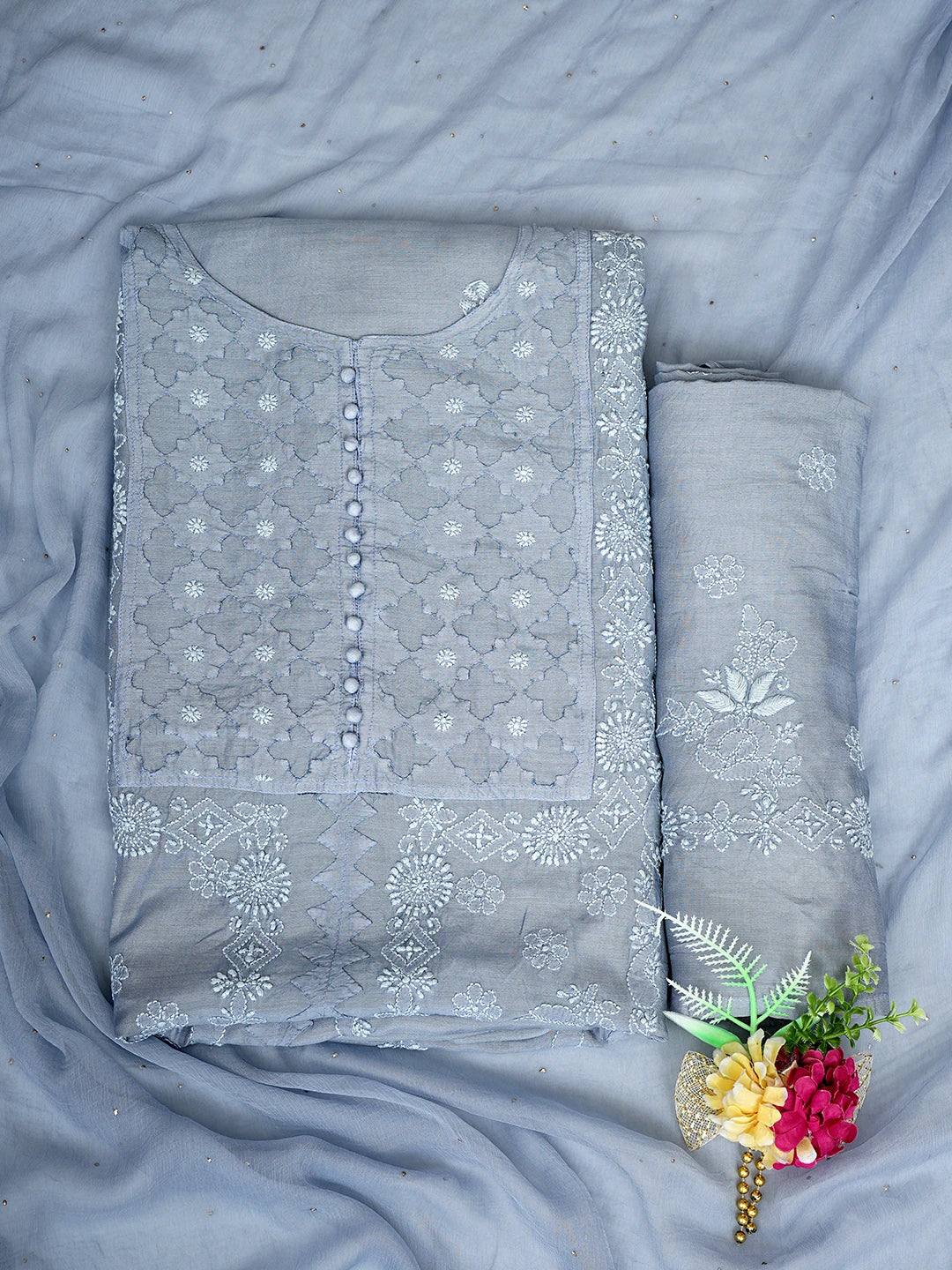 Ada Hand Embroidered Cadet Grey Muslin Lucknowi Chikankari Semi-stitched Suit Piece With Muqaish Work 01A853346