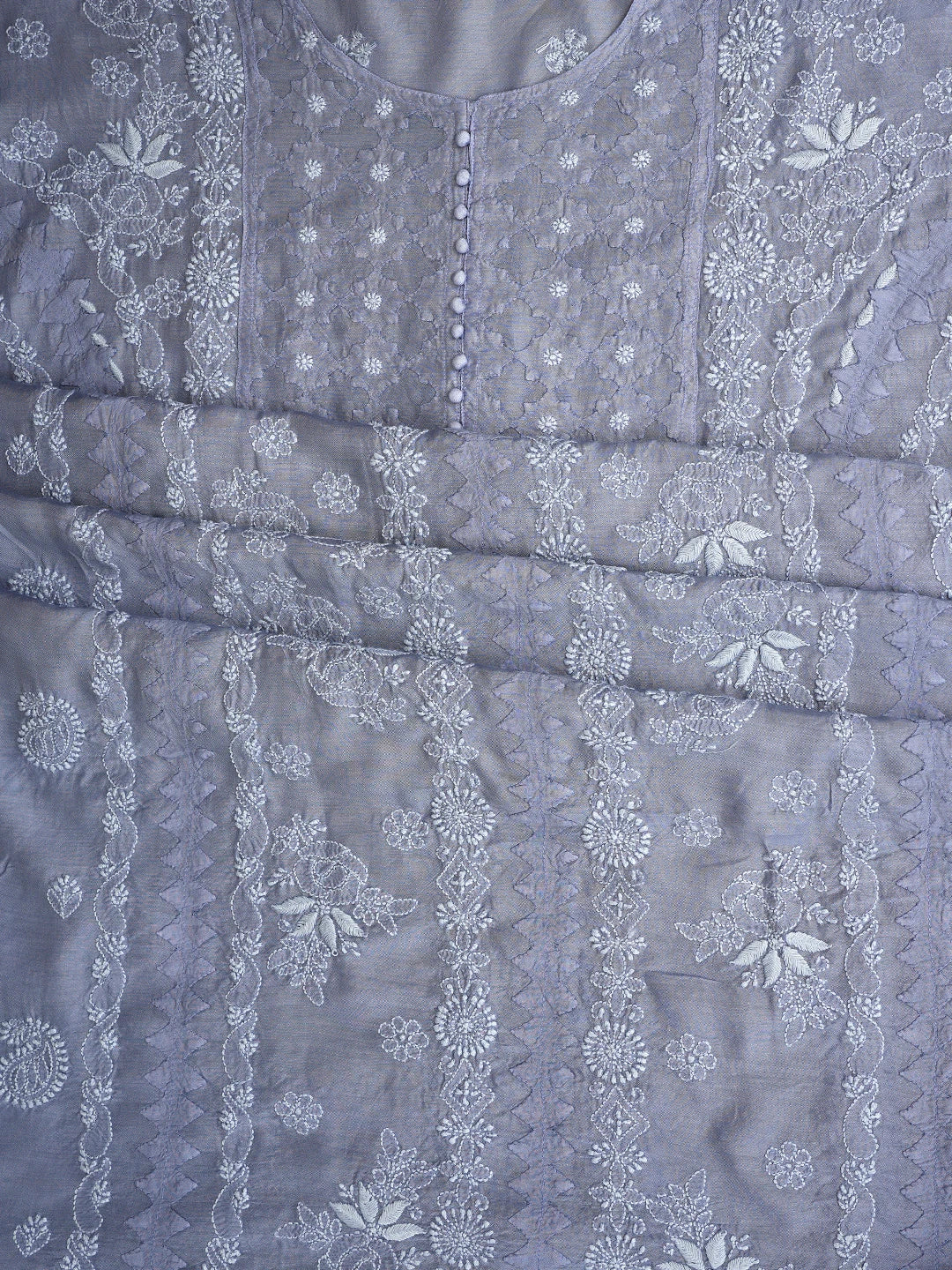 Ada Hand Embroidered Cadet Grey Muslin Lucknowi Chikankari Semi-stitched Suit Piece With Muqaish Work 01A853346