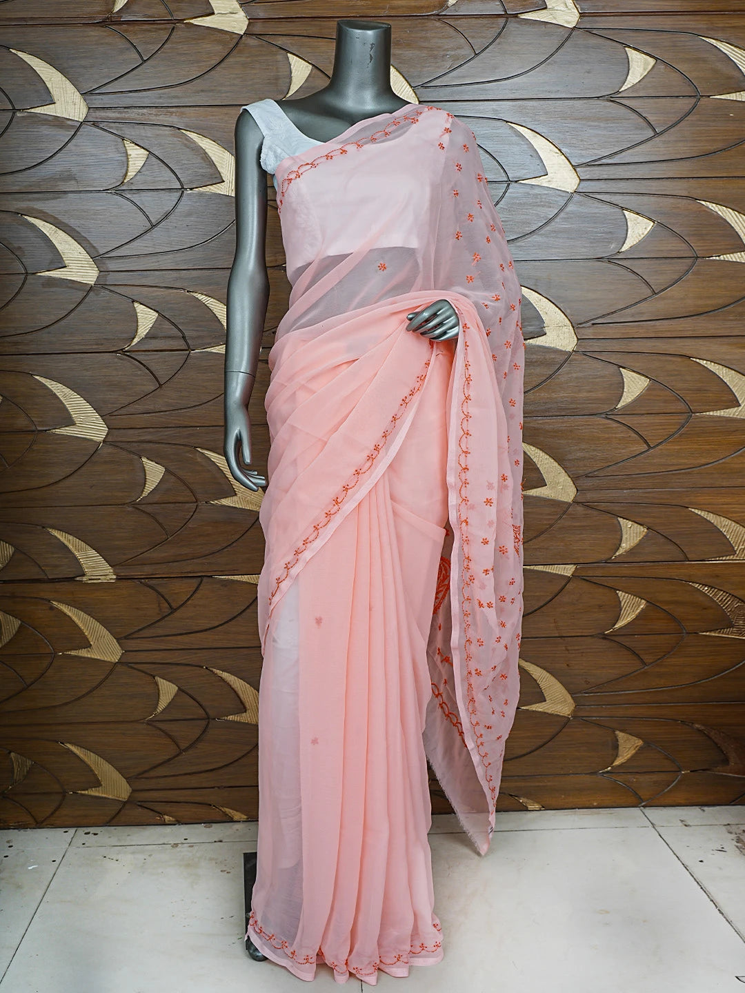 Ada Hand Embroidered Peachy Pink Georgette Lucknowi Chikankari Saree With Blouse 01A853725