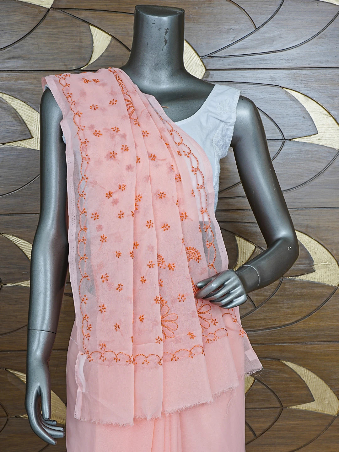 Ada Hand Embroidered Peachy Pink Georgette Lucknowi Chikankari Saree With Blouse 01A853725