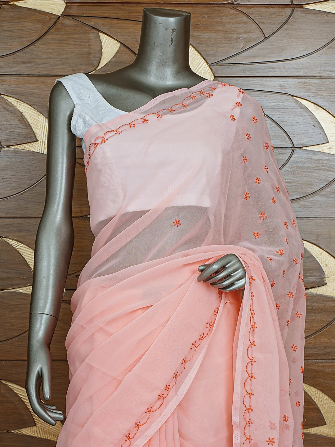 Ada Hand Embroidered Peachy Pink Georgette Lucknowi Chikankari Saree With Blouse 01A853725