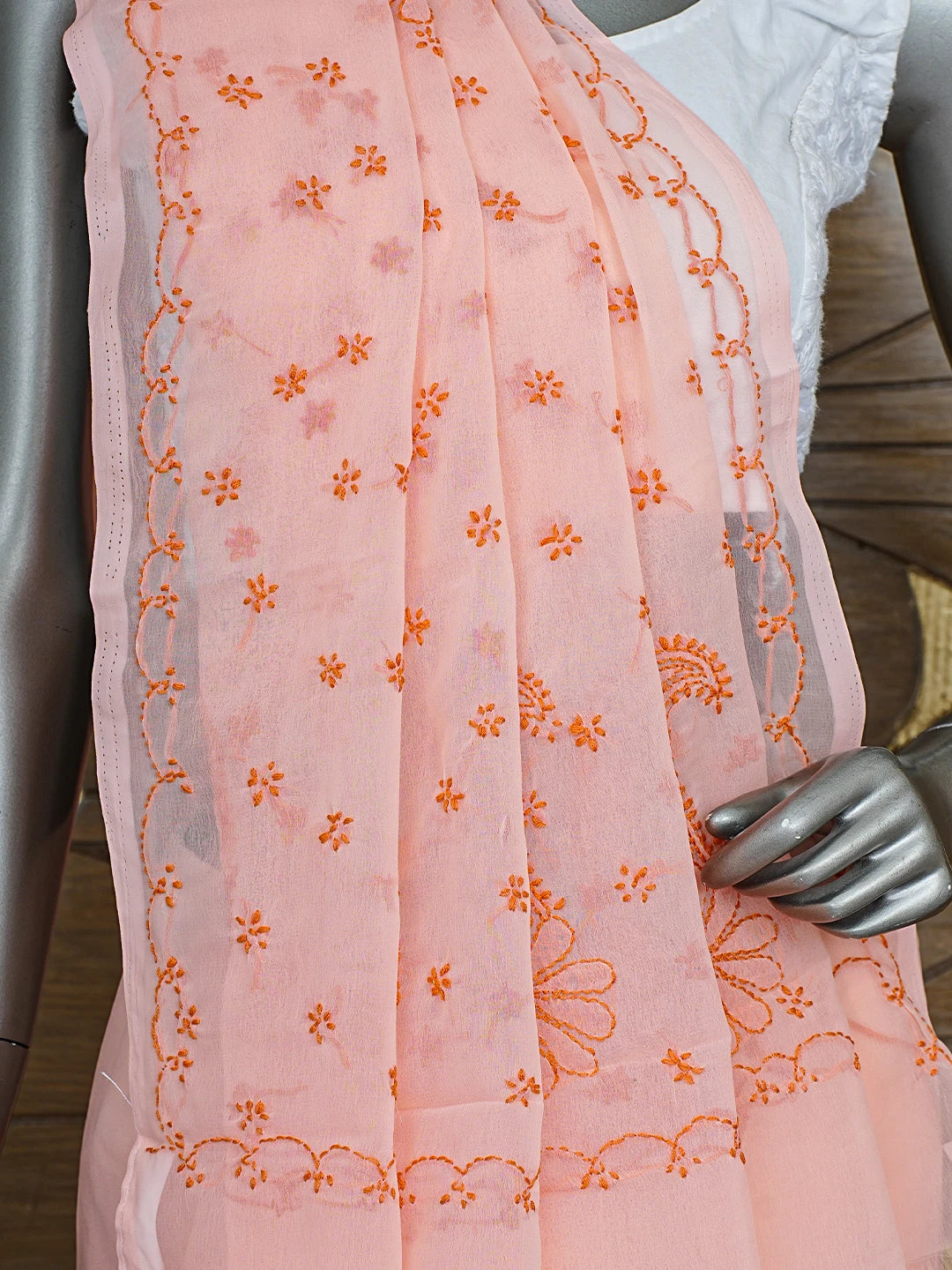 Ada Hand Embroidered Peachy Pink Georgette Lucknowi Chikankari Saree With Blouse 01A853725