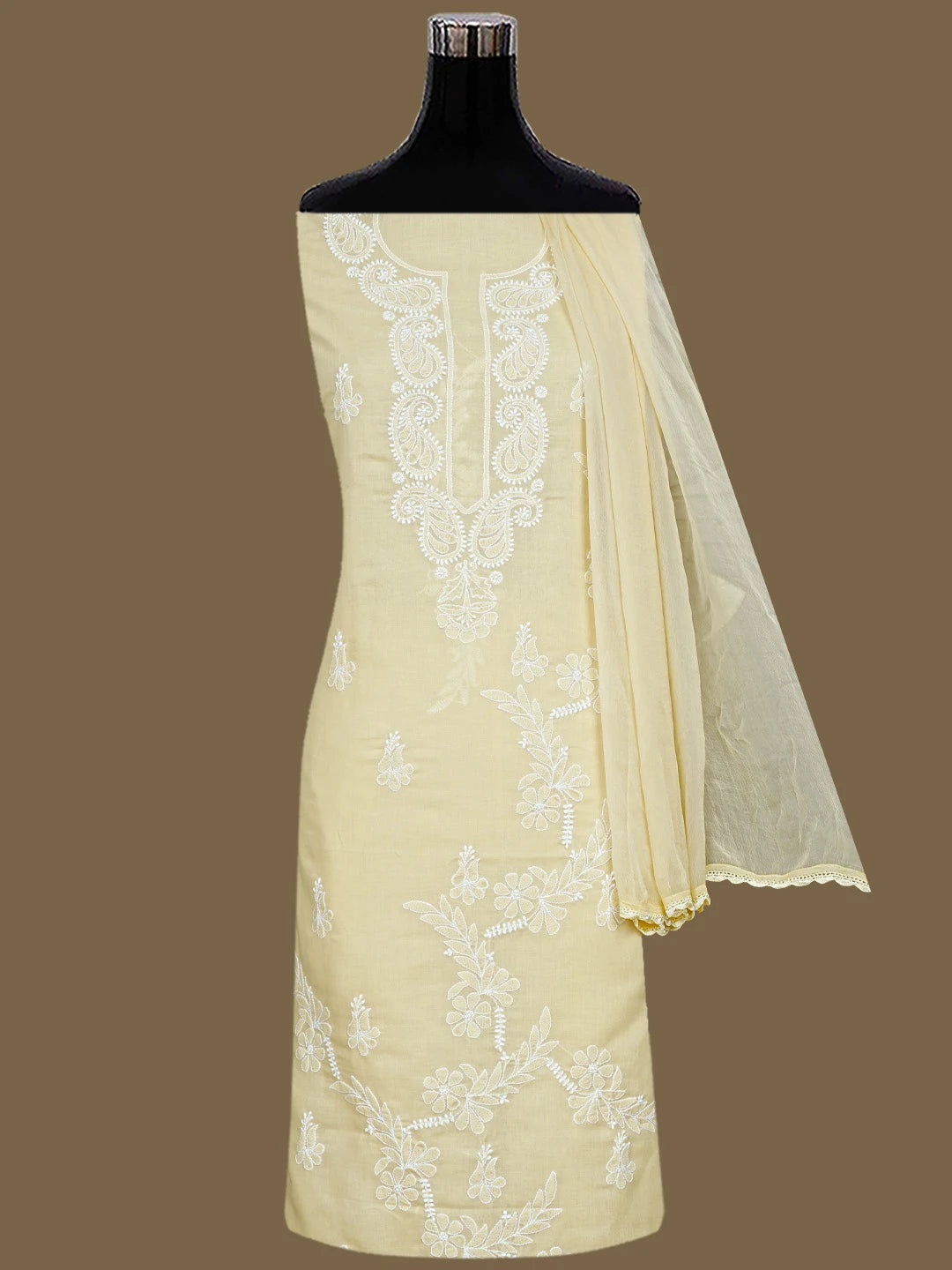 Ada Hand Embroidered Fawn Cotton Lucknowi Chikankari Unstitched Suit Piece 01A847454