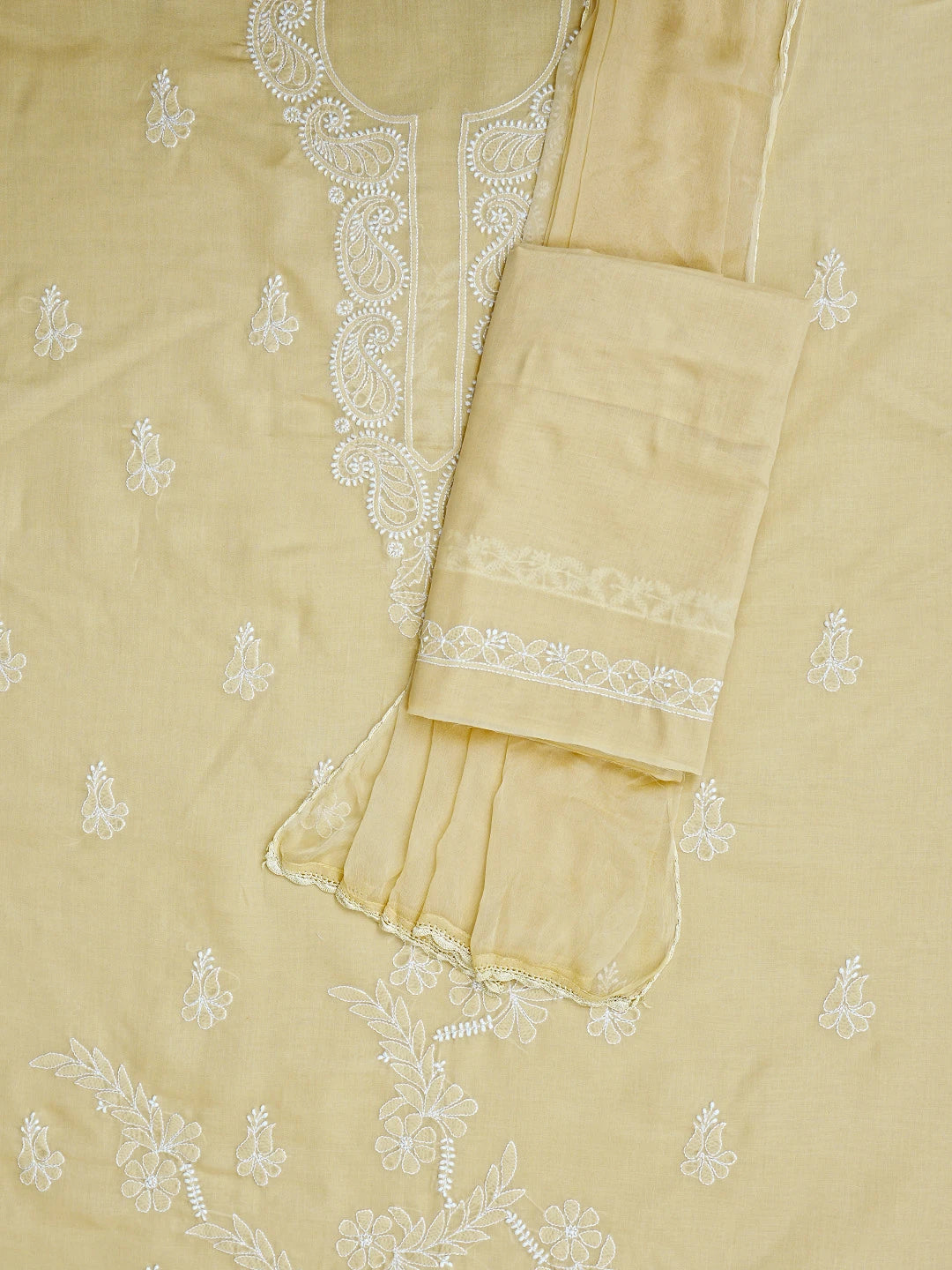 Ada Hand Embroidered Fawn Cotton Lucknowi Chikankari Unstitched Suit Piece 01A847454
