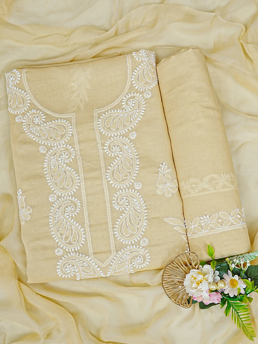 Ada Hand Embroidered Fawn Cotton Lucknowi Chikankari Unstitched Suit Piece 01A847454