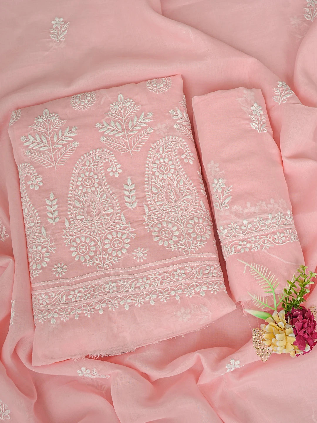 Ada Hand Embroidered Candlelight Peach Cotton Lucknowi Chikankari Unstitched Suit Piece 01A785699