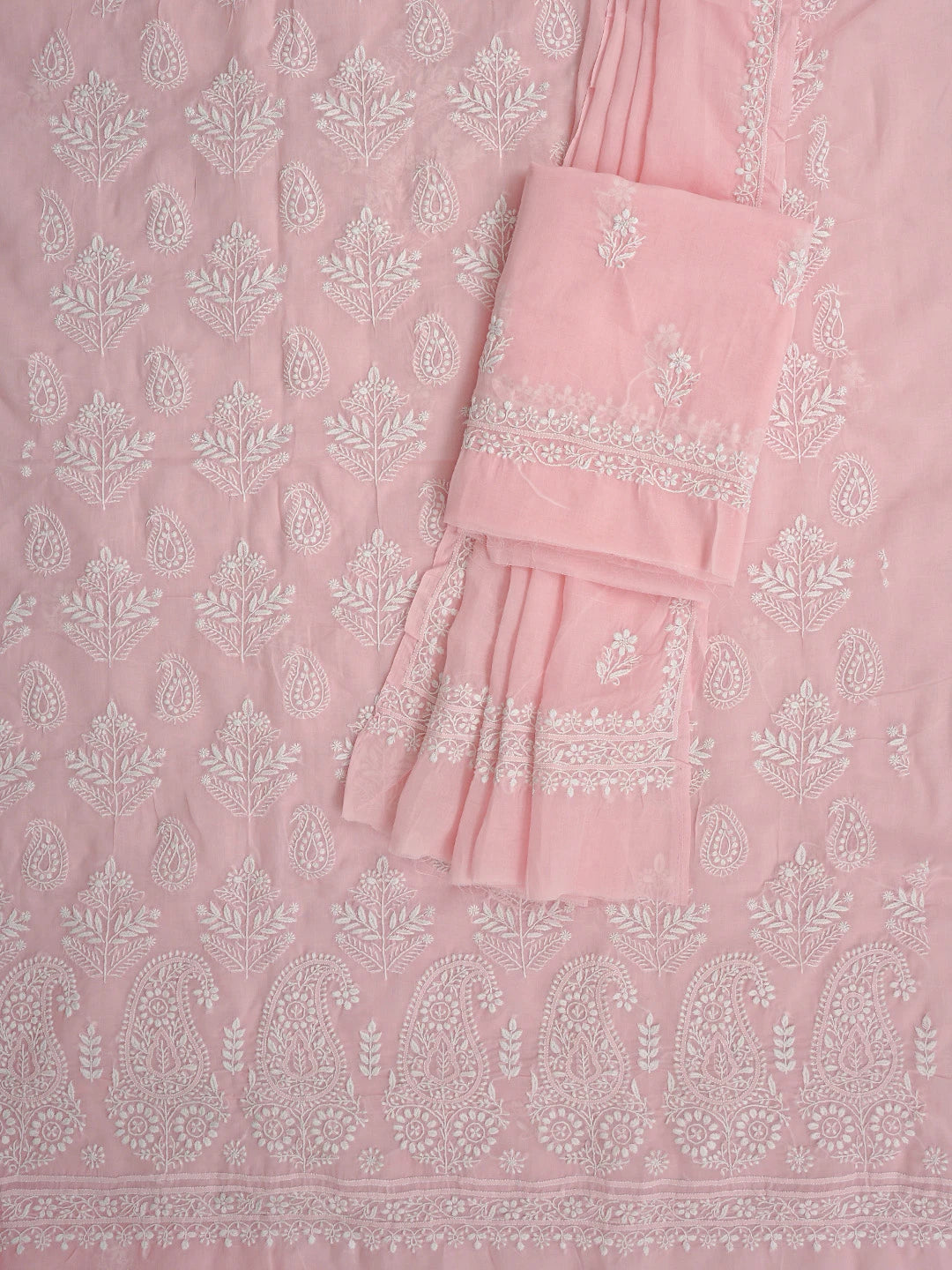 Ada Hand Embroidered Candlelight Peach Cotton Lucknowi Chikankari Unstitched Suit Piece 01A785699