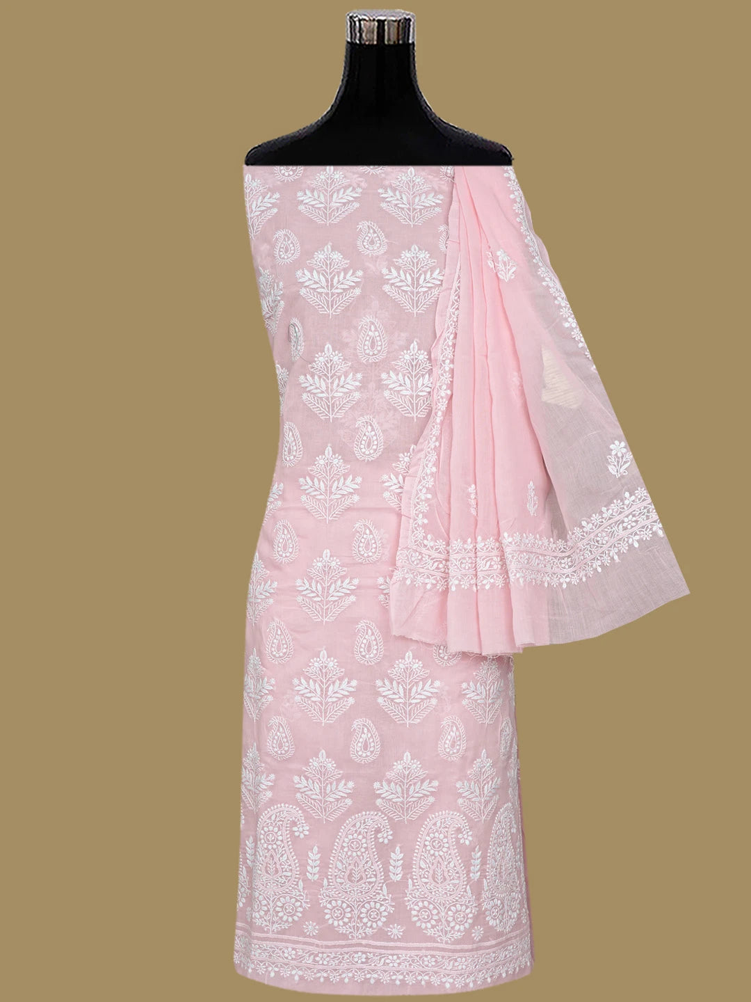 Ada Hand Embroidered Candlelight Peach Cotton Lucknowi Chikankari Unstitched Suit Piece 01A785699