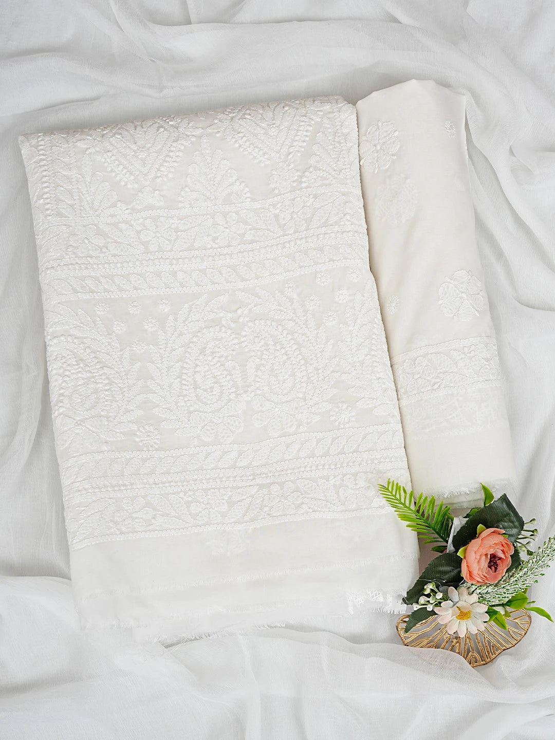Ada Hand Embroidered White Cotton Lucknowi Chikankari Unstitched Suit Piece 01A847542
