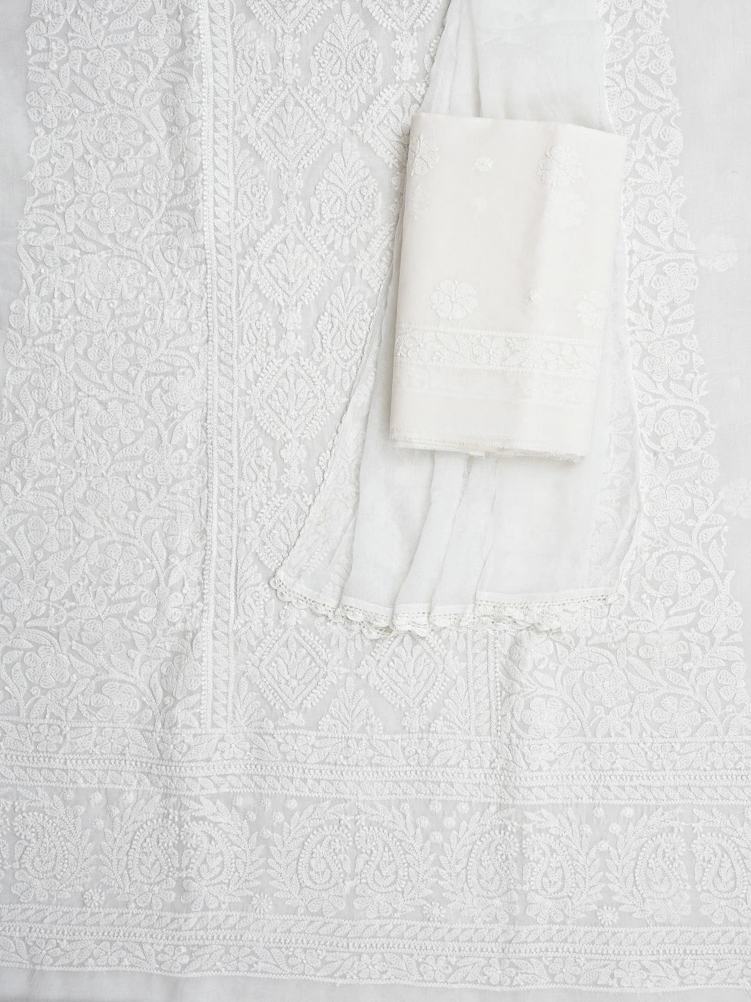 Ada Hand Embroidered White Cotton Lucknowi Chikankari Unstitched Suit Piece 01A847542