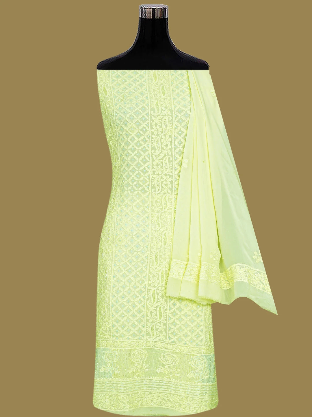 Ada Hand Embroidered Lemon Viscose Georgette Lucknowi Chikankari Unstitched Kurta Dupatta Set With Cutdana Work 01A815292