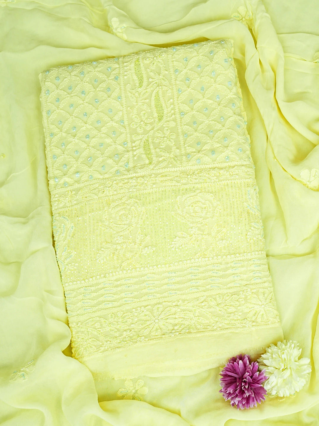 Ada Hand Embroidered Lemon Viscose Georgette Lucknowi Chikankari Unstitched Kurta Dupatta Set With Cutdana Work 01A815292