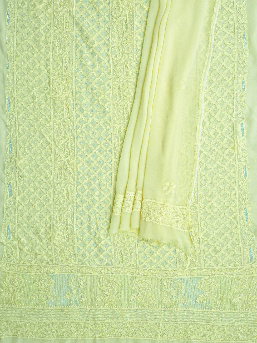 Ada Hand Embroidered Lemon Viscose Georgette Lucknowi Chikankari Unstitched Kurta Dupatta Set With Cutdana Work 01A815292