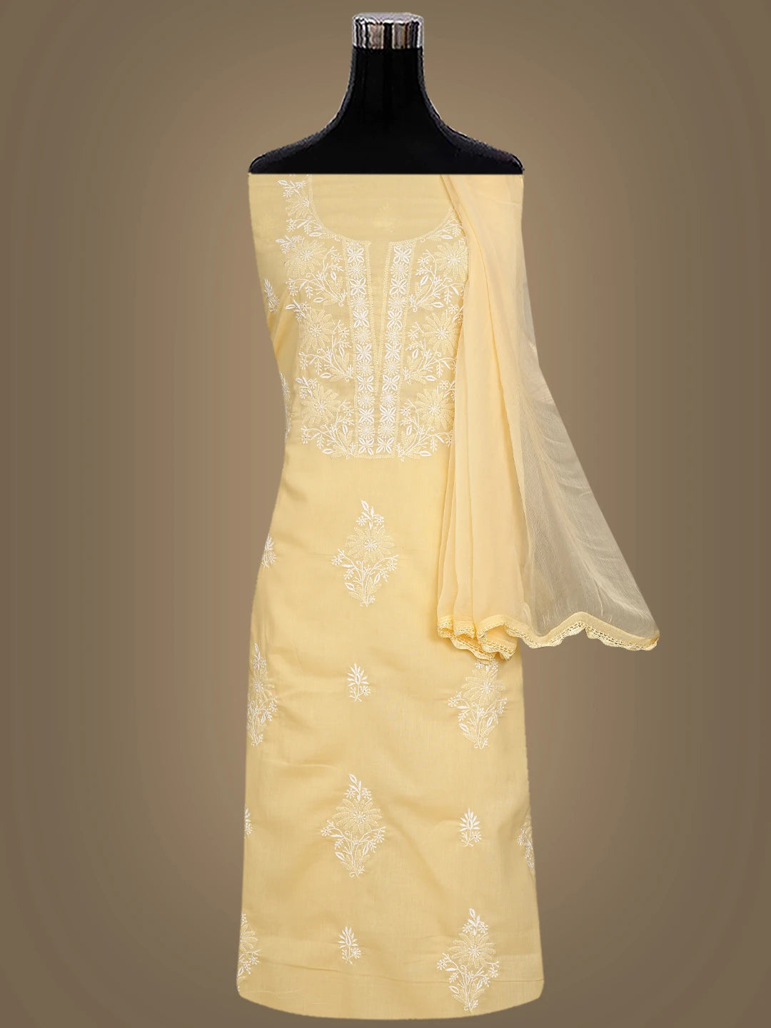 Ada Hand Embroidered Beige Cotton Lucknowi Chikankari Unstitched Suit Piece 01A773541