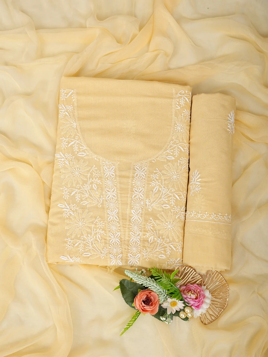 Ada Hand Embroidered Beige Cotton Lucknowi Chikankari Unstitched Suit Piece 01A773541