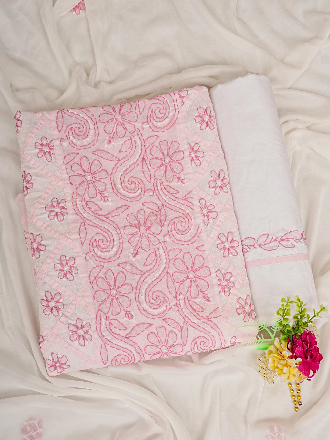 Ada Hand Embroidered White and Pink Cotton Lucknowi Chikankari Unstitched Suit Piece 01A853041