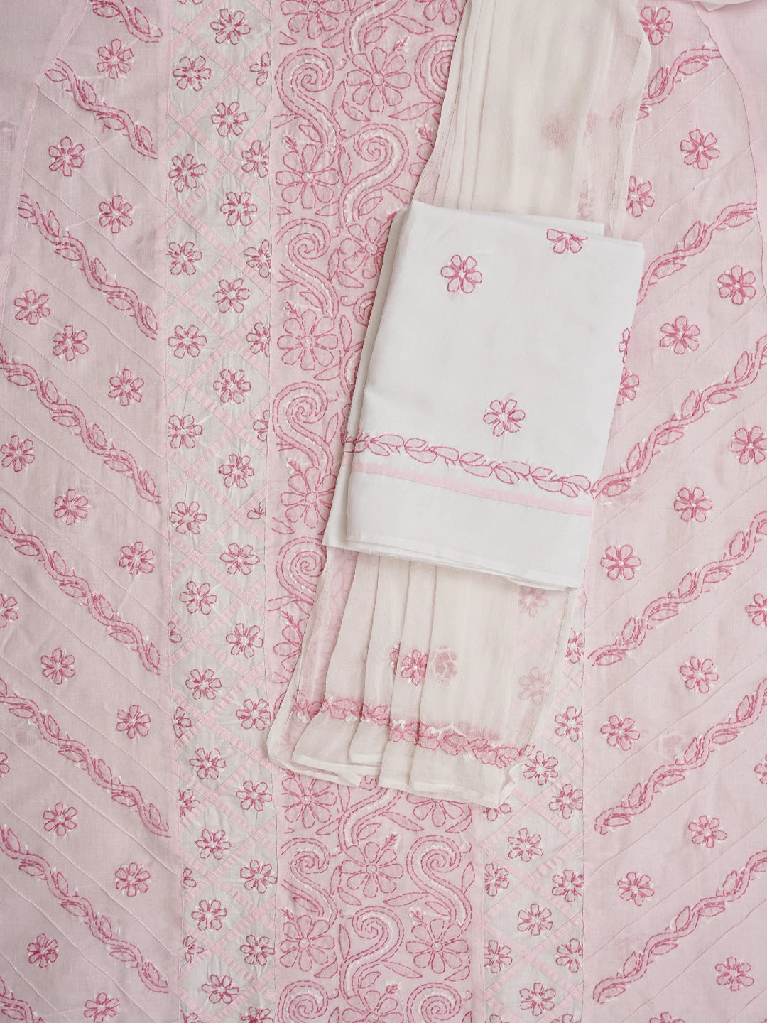 Ada Hand Embroidered White and Pink Cotton Lucknowi Chikankari Unstitched Suit Piece 01A853041