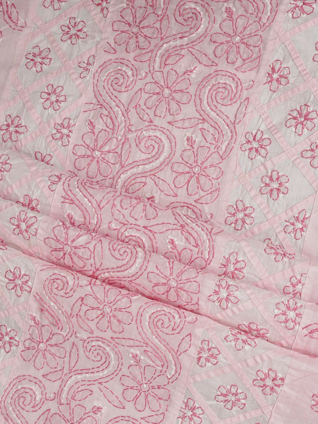 Ada Hand Embroidered White and Pink Cotton Lucknowi Chikankari Unstitched Suit Piece 01A853041