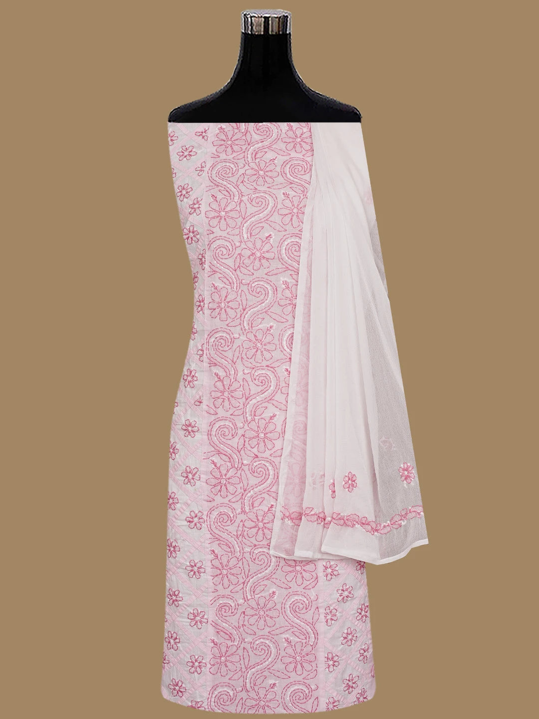Ada Hand Embroidered White and Pink Cotton Lucknowi Chikankari Unstitched Suit Piece 01A853041