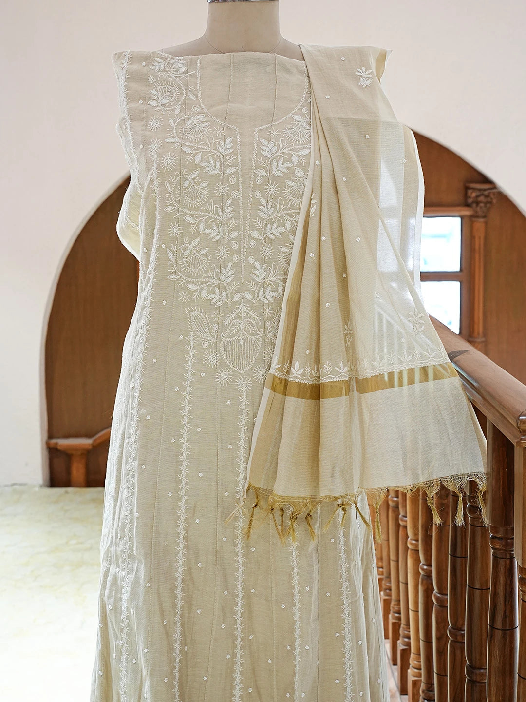 Ada Hand Embroidered Fawn Tissue Lucknowi Chikankari Semi-Stitched Anarkali Kurta Dupatta Set With Cutdana Work 01A741857