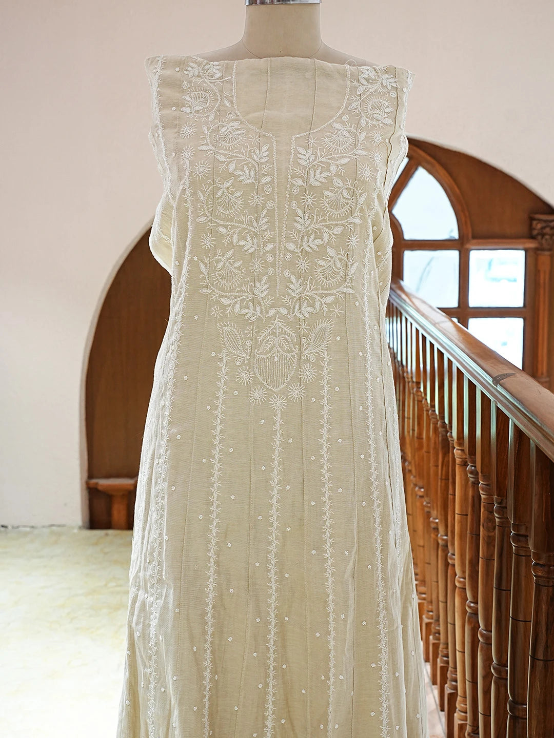 Ada Hand Embroidered Fawn Tissue Lucknowi Chikankari Semi-Stitched Anarkali Kurta Dupatta Set With Cutdana Work 01A741857