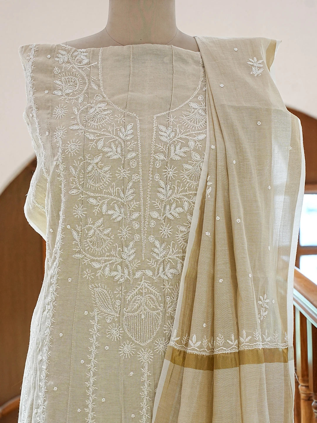 Ada Hand Embroidered Fawn Tissue Lucknowi Chikankari Semi-Stitched Anarkali Kurta Dupatta Set With Cutdana Work 01A741857