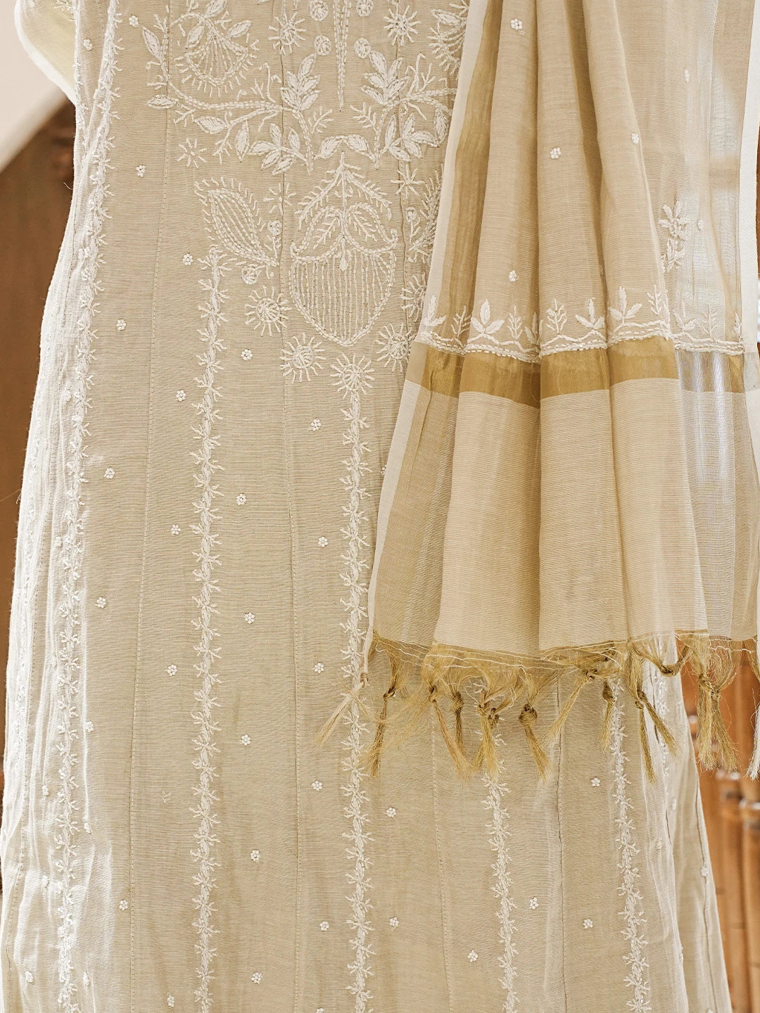 Ada Hand Embroidered Fawn Tissue Lucknowi Chikankari Semi-Stitched Anarkali Kurta Dupatta Set With Cutdana Work 01A741857