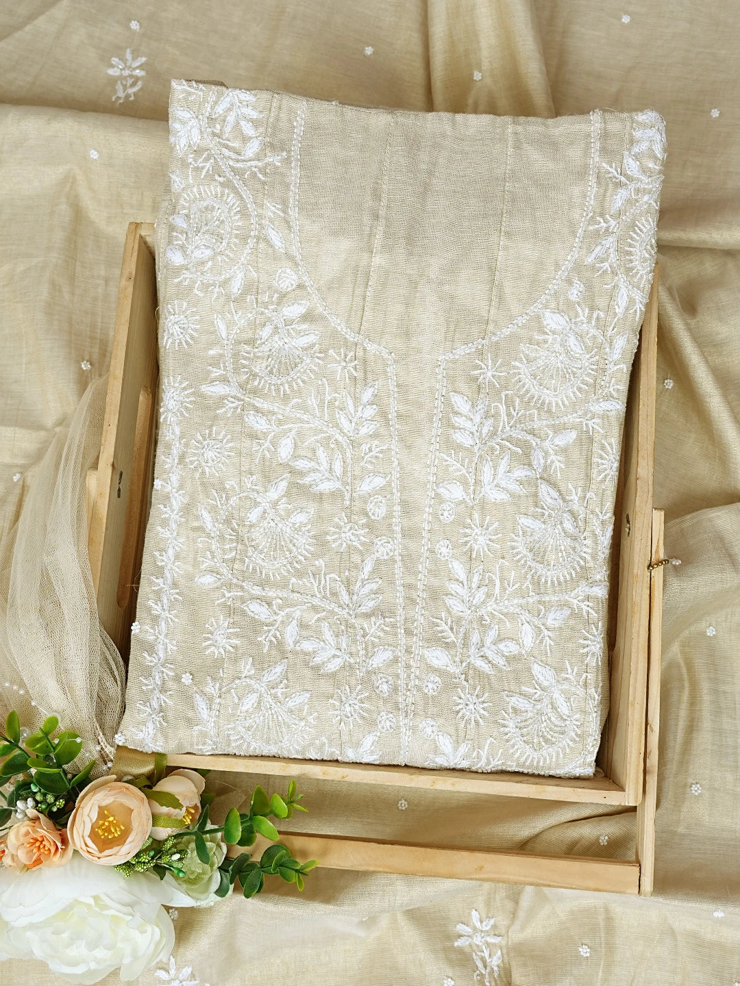 Ada Hand Embroidered Fawn Tissue Lucknowi Chikankari Semi-Stitched Anarkali Kurta Dupatta Set With Cutdana Work 01A741857