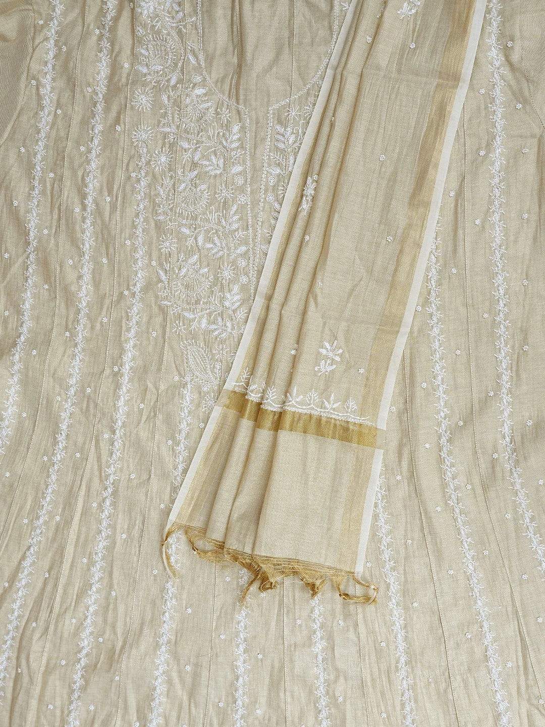 Ada Hand Embroidered Fawn Tissue Lucknowi Chikankari Semi-Stitched Anarkali Kurta Dupatta Set With Cutdana Work 01A741857