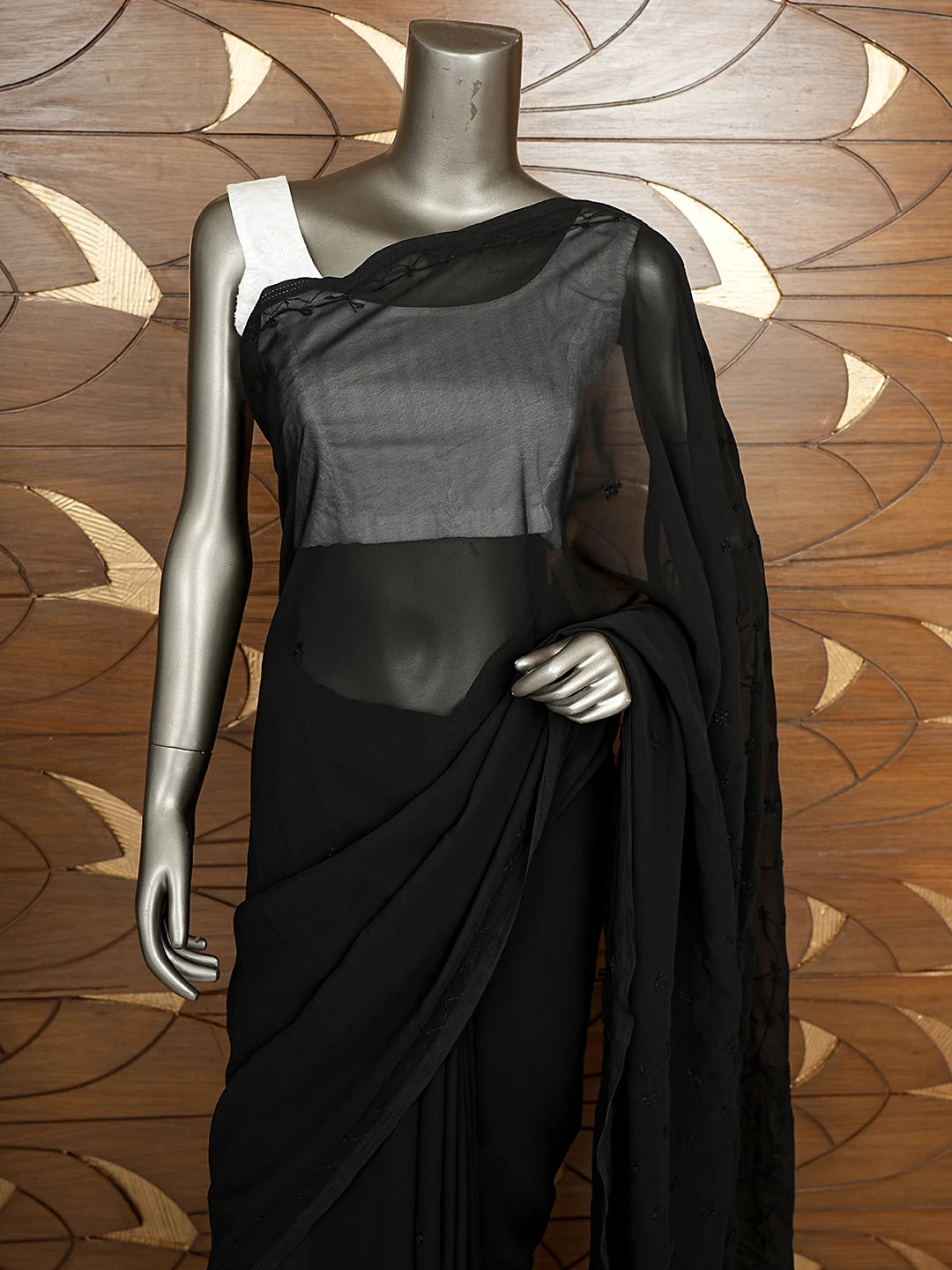 Ada Hand Embroidered Black Georgette Lucknowi Chikankari Saree With Blouse 01A853741