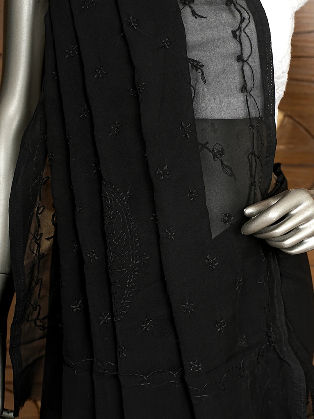 Ada Hand Embroidered Black Georgette Lucknowi Chikankari Saree With Blouse 01A853741