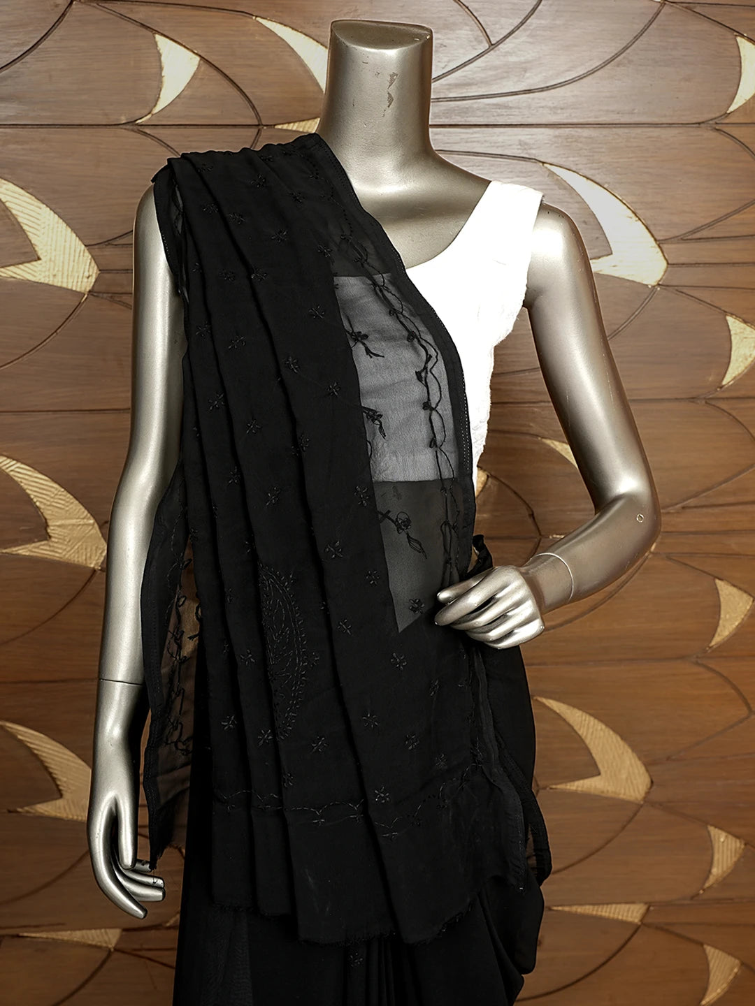 Ada Hand Embroidered Black Georgette Lucknowi Chikankari Saree With Blouse 01A853741