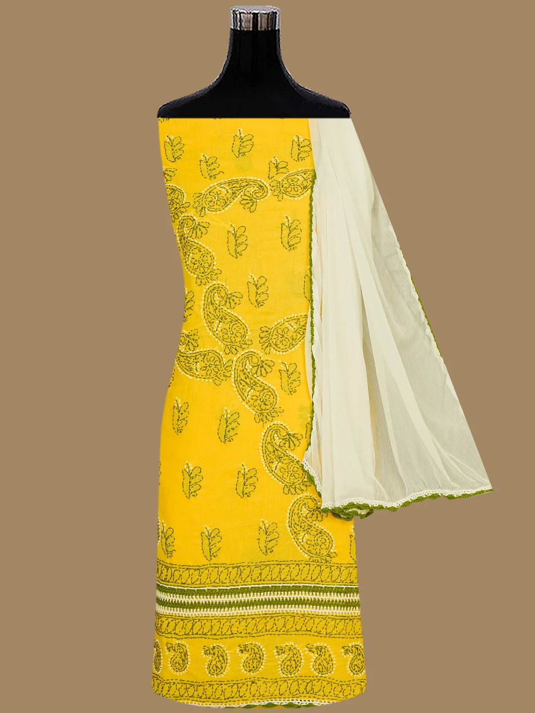 Ada Hand Embroidered Yellow Cotton Lucknowi Chikankari Unstitched Suit Piece 01A853065