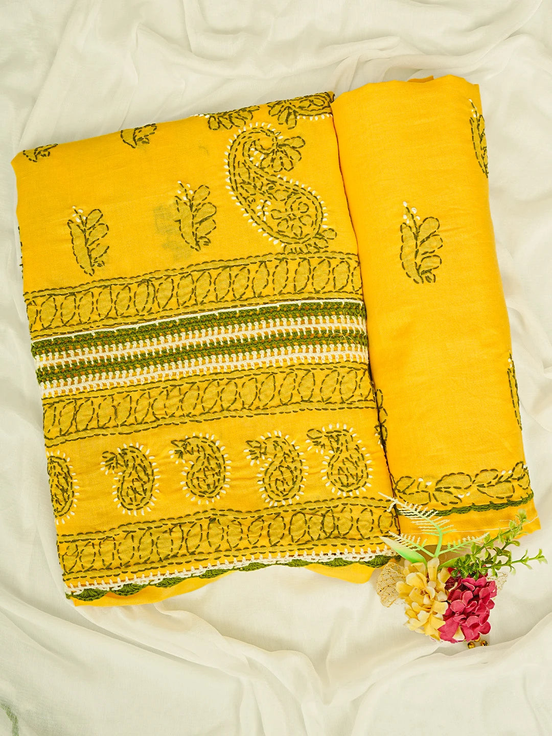 Ada Hand Embroidered Yellow Cotton Lucknowi Chikankari Unstitched Suit Piece 01A853065