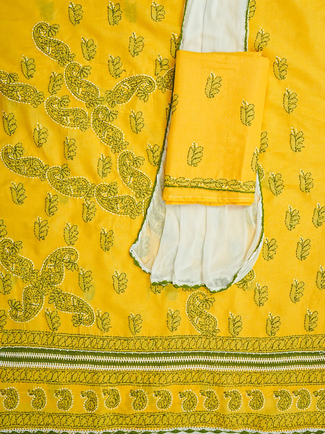Ada Hand Embroidered Yellow Cotton Lucknowi Chikankari Unstitched Suit Piece 01A853065