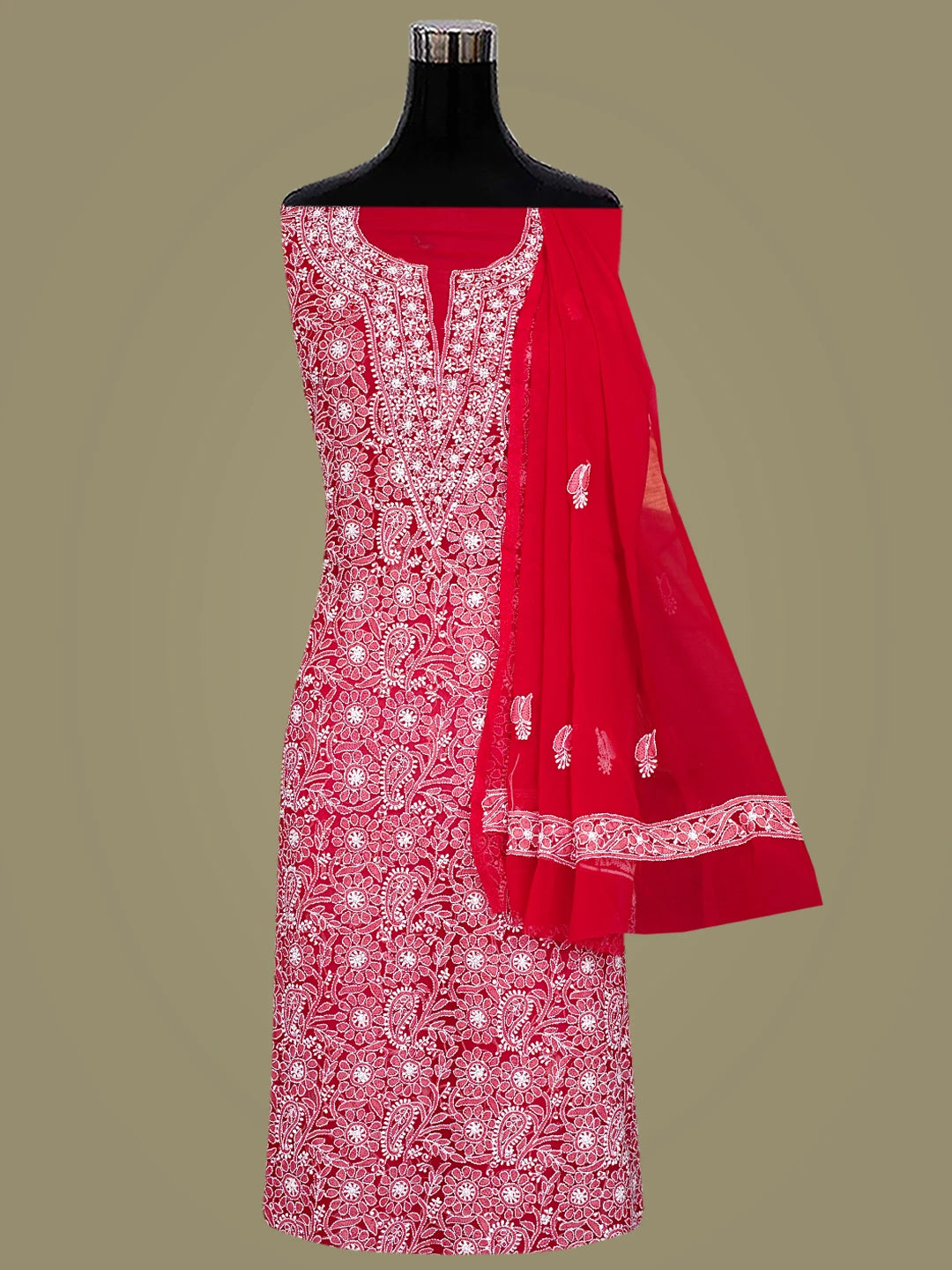 Ada Hand Embroidered Red Georgette Lucknowi Chikankari Unstitched Suit Piece 01A149093