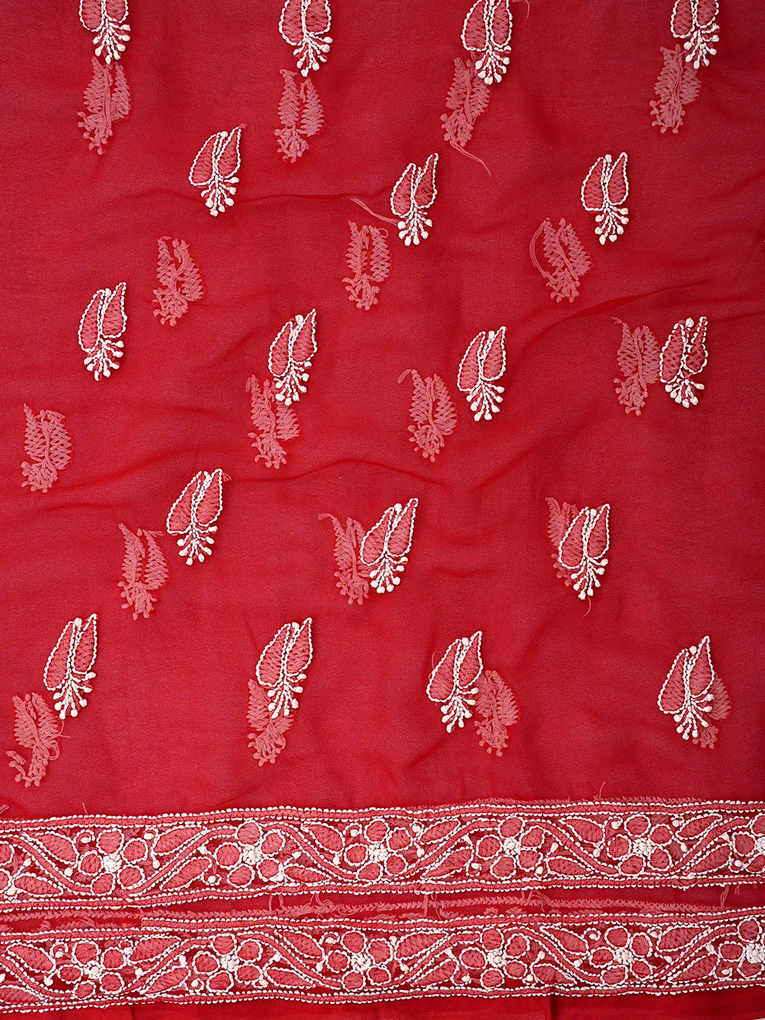 Ada Hand Embroidered Red Georgette Lucknowi Chikankari Unstitched Suit Piece 01A149093