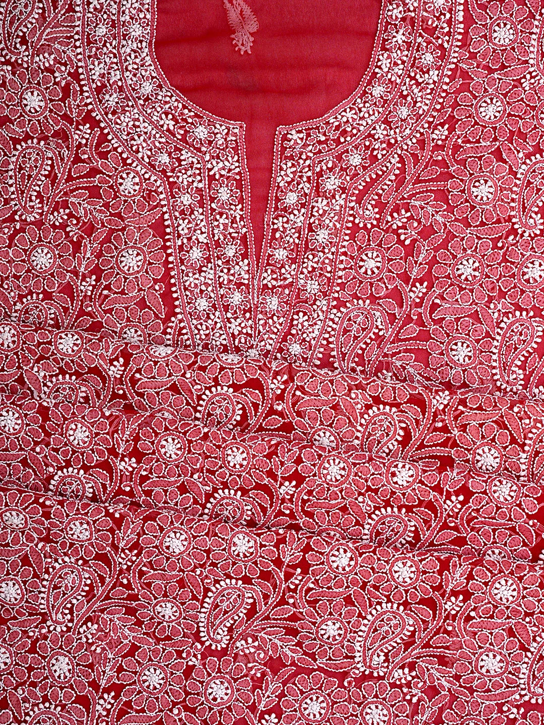 Ada Hand Embroidered Red Georgette Lucknowi Chikankari Unstitched Suit Piece 01A149093