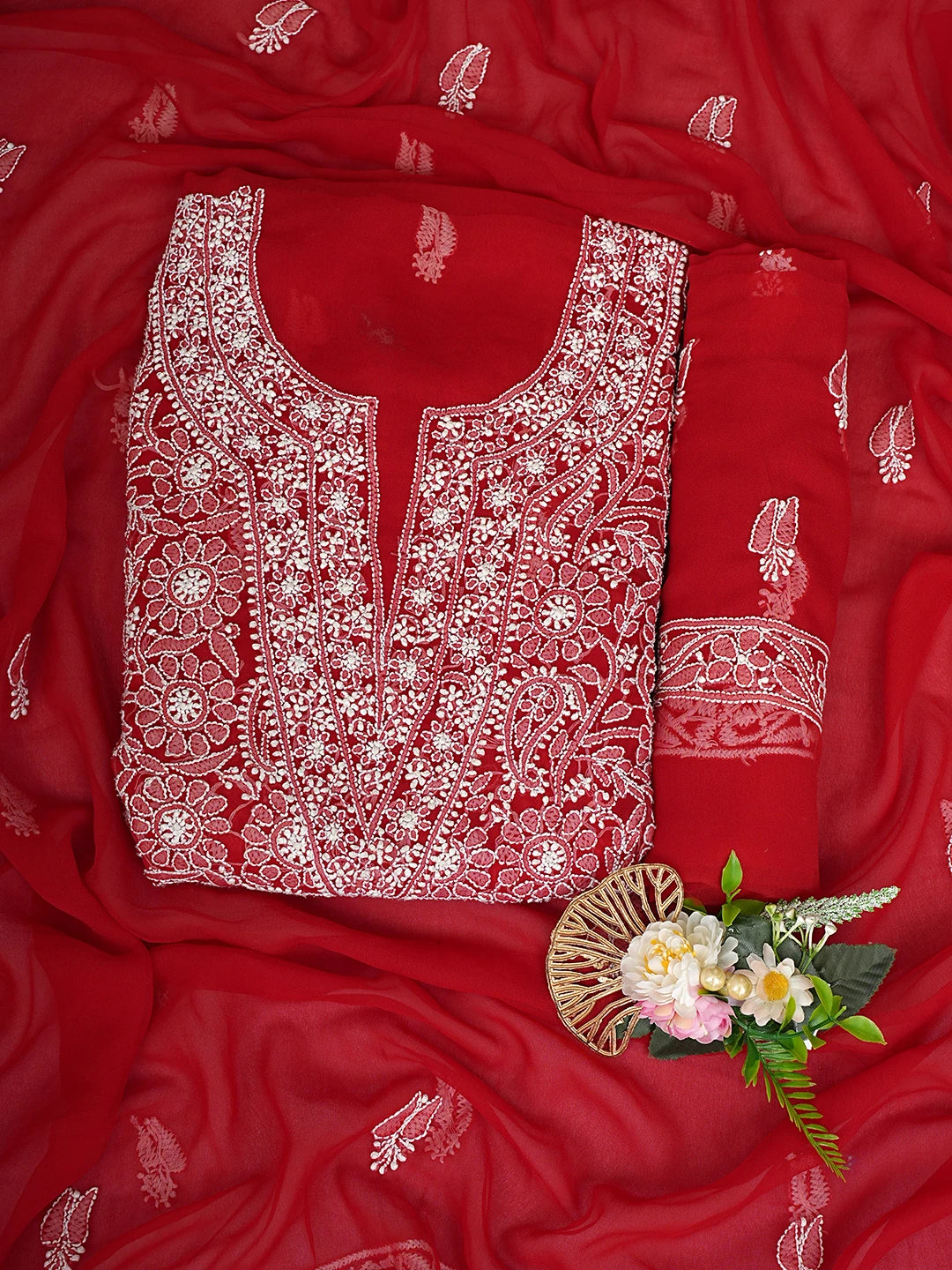 Ada Hand Embroidered Red Georgette Lucknowi Chikankari Unstitched Suit Piece 01A149093