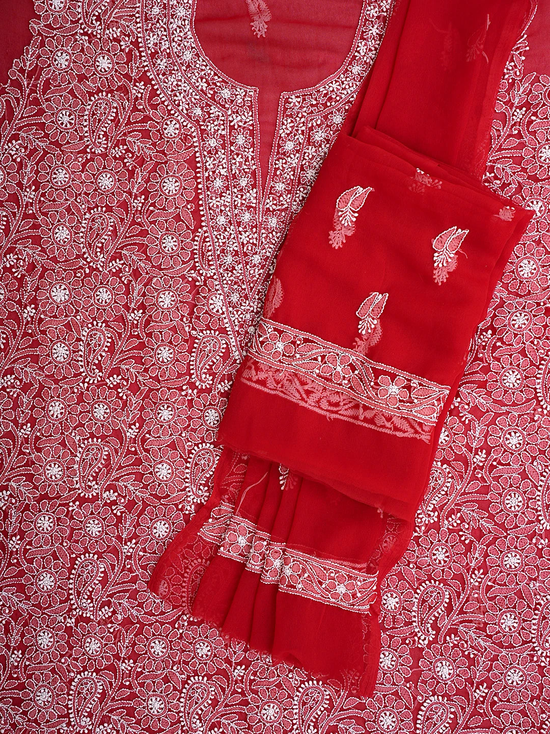 Ada Hand Embroidered Red Georgette Lucknowi Chikankari Unstitched Suit Piece 01A149093