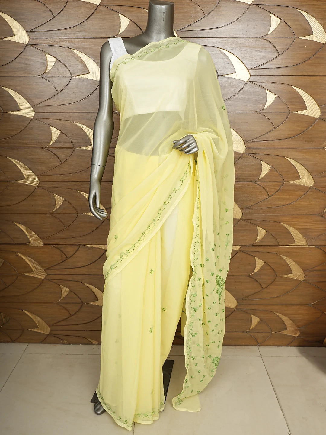 Ada Hand Embroidered Lemon Georgette Lucknowi Chikankari Saree With Blouse 01A853748