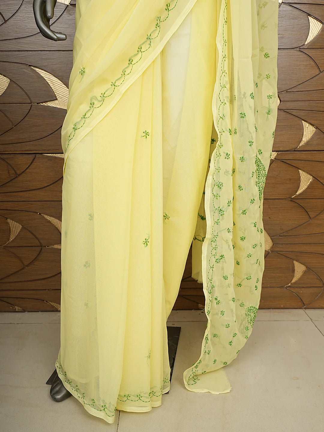 Ada Hand Embroidered Lemon Georgette Lucknowi Chikankari Saree With Blouse 01A853748
