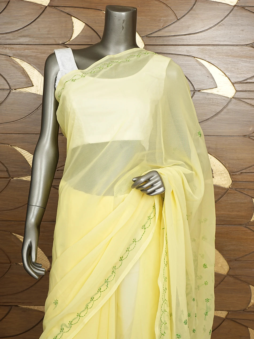 Ada Hand Embroidered Lemon Georgette Lucknowi Chikankari Saree With Blouse 01A853748