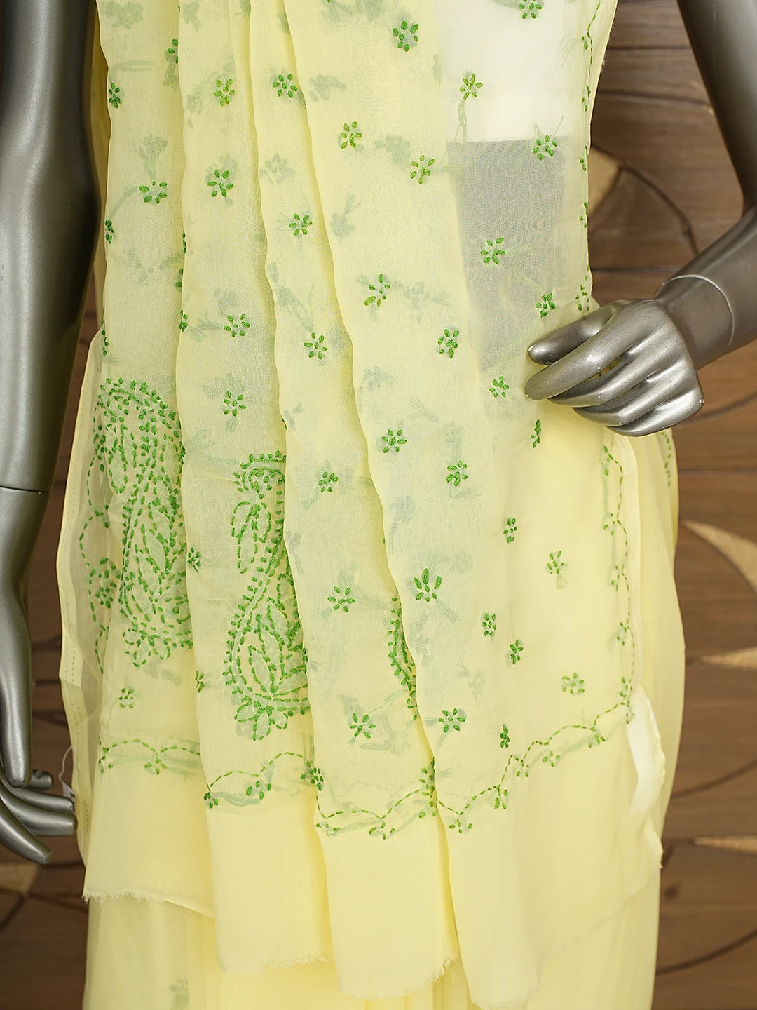 Ada Hand Embroidered Lemon Georgette Lucknowi Chikankari Saree With Blouse 01A853748