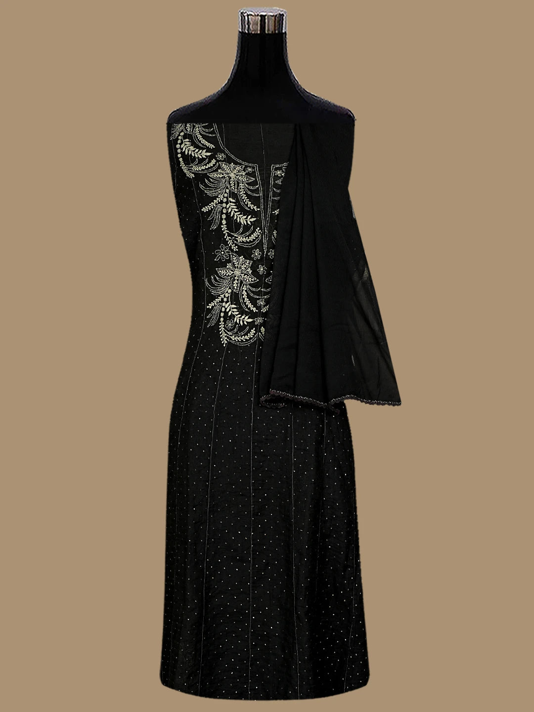 Ada Hand Embroidered Black Chanderi Lucknowi Chikankari Semi-Stitched Anarkali Kurta Dupatta Set With Muqaish Work A512721